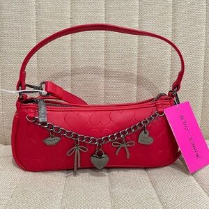 NEW Betsey Johnson‎ Red XOASHTAN Bow Charm Baguette Shoulder Bag Heart Embossed